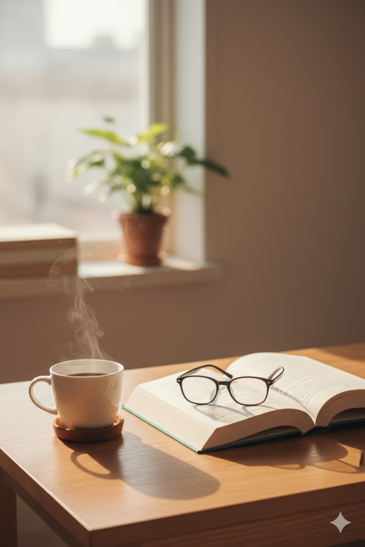 책과 커피가 놓인 고요한 공간
