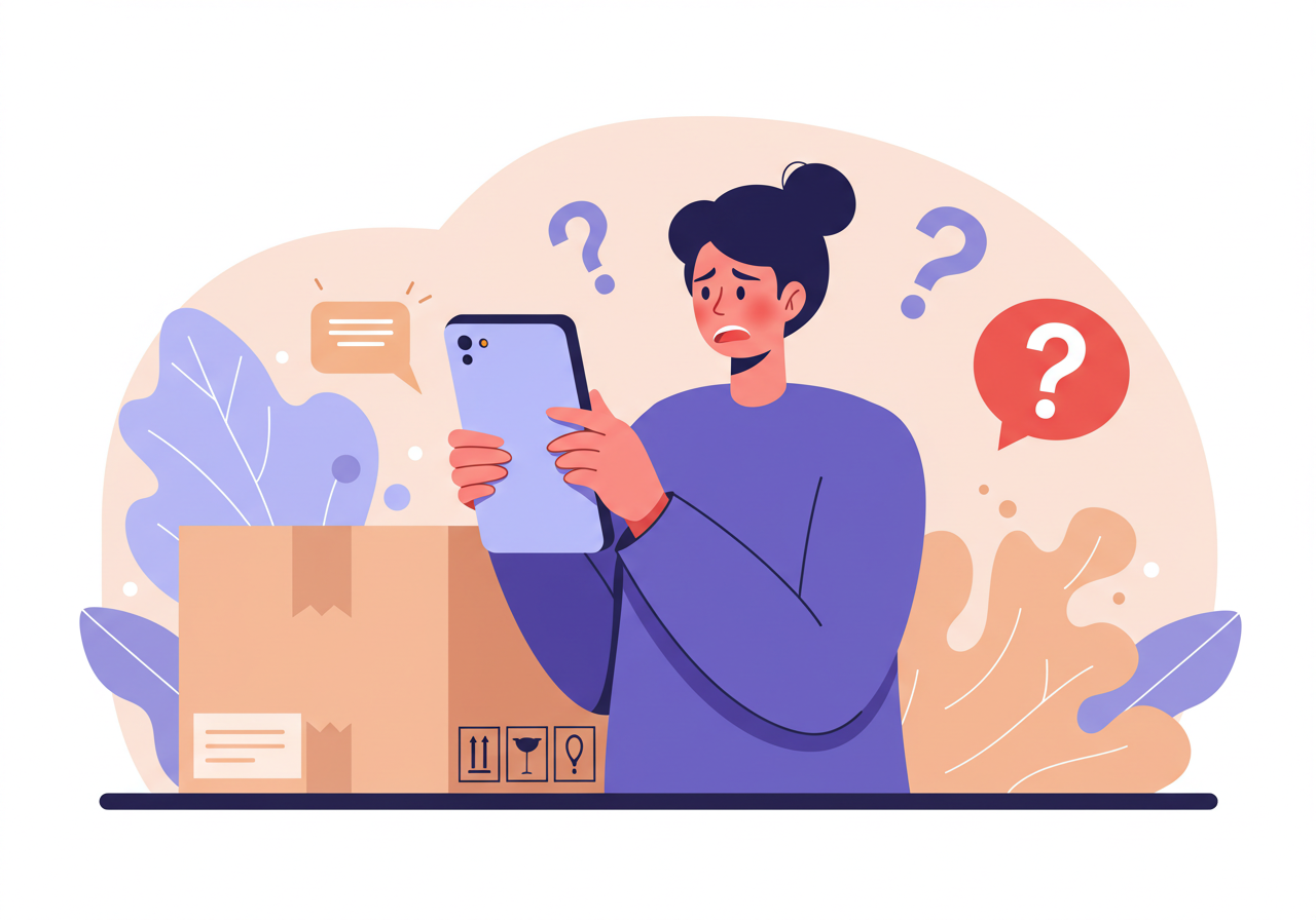 중고 거래 후 구매자에게 연락이 되지 않아 당황하는 소비자와 택배 상자 일러스트