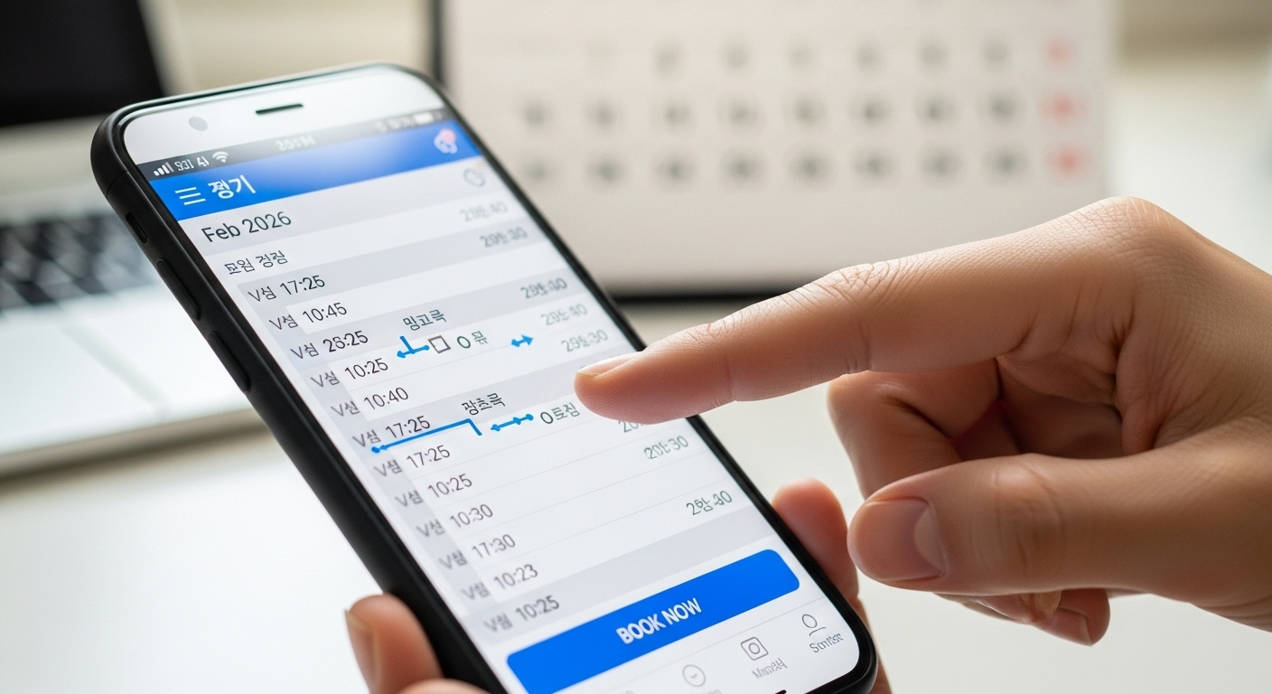 코레일톡 또는 SRT 앱 화면을 확대하여 예매를 준비하는 손가락과 열차 시간표를 보여주는 이미지