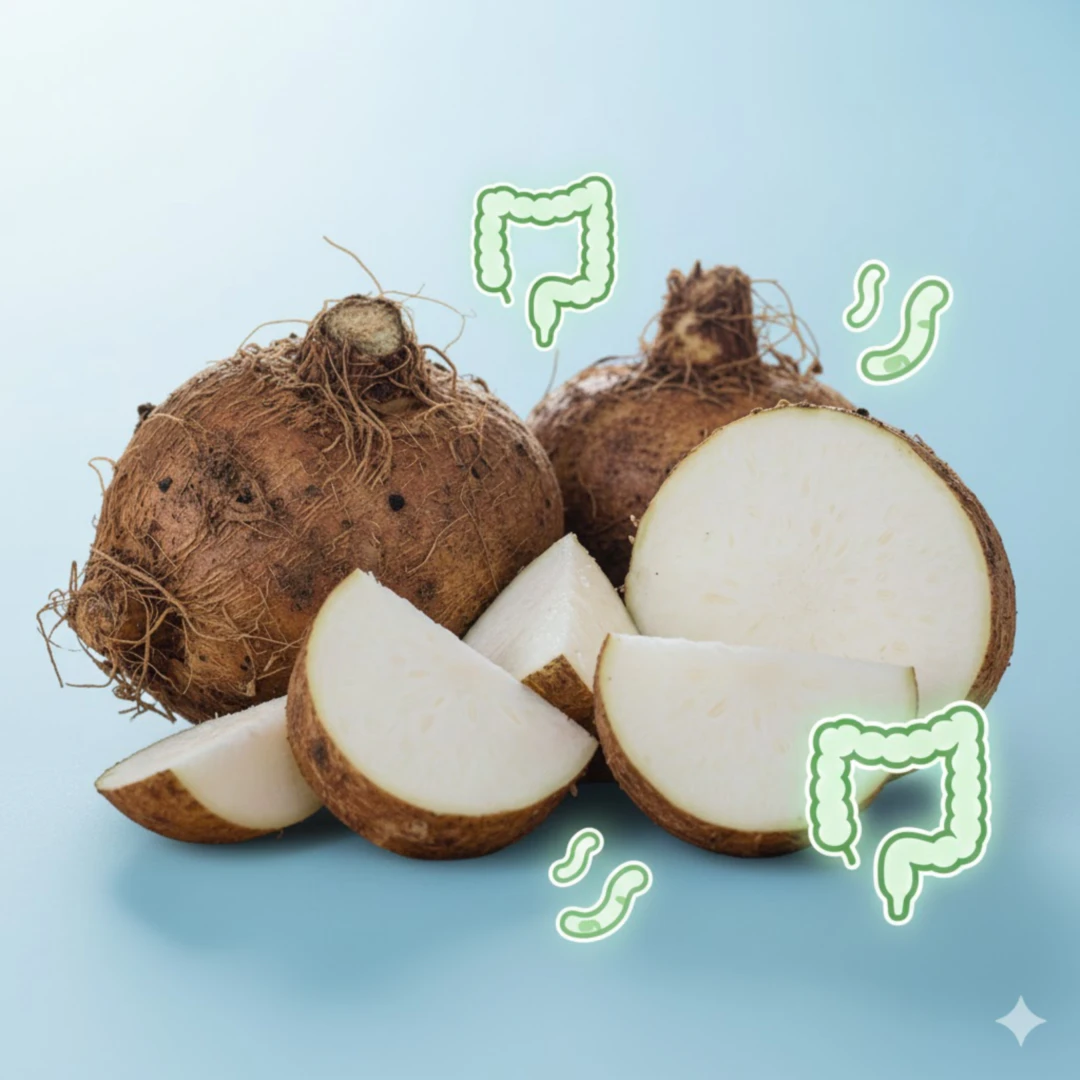 먹기 좋게 썰린 히카마 조각들 옆에 장 건강을 상징하는 아이콘(예: 건강한 장기 모양 아이콘&amp;#44; 유산균 이미지)이 조화롭게 배치되어 있습니다. 푸른색 계열의 배경과 함께 신선하고 청량한 분위기 속에서 히카마와 장 건강의 연관성을 직관적으로 보여줍니다.