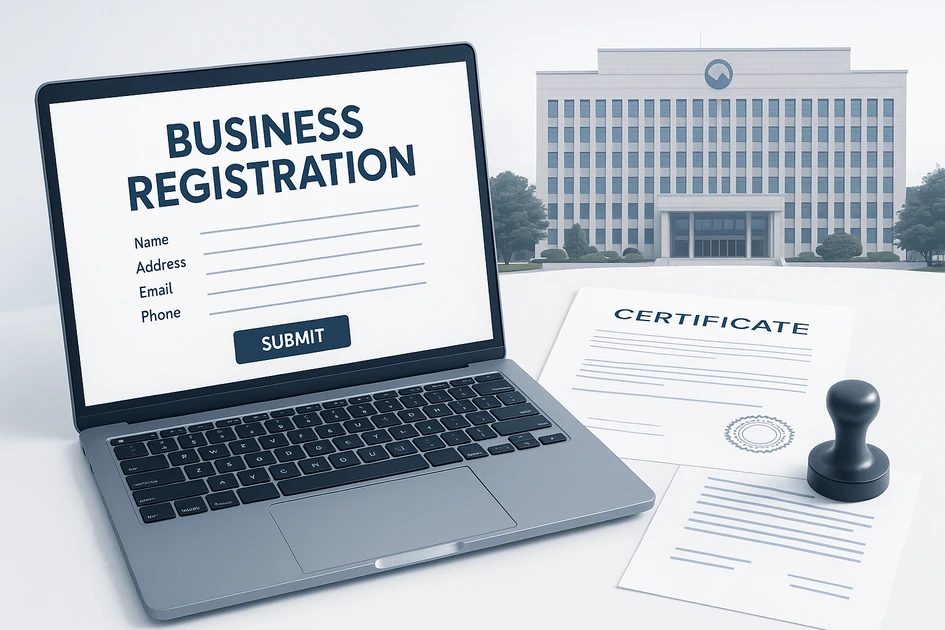 사업자등록증 신청 절차와 홈택스 온라인 신청 방법을 보여주는 가이드 이미지