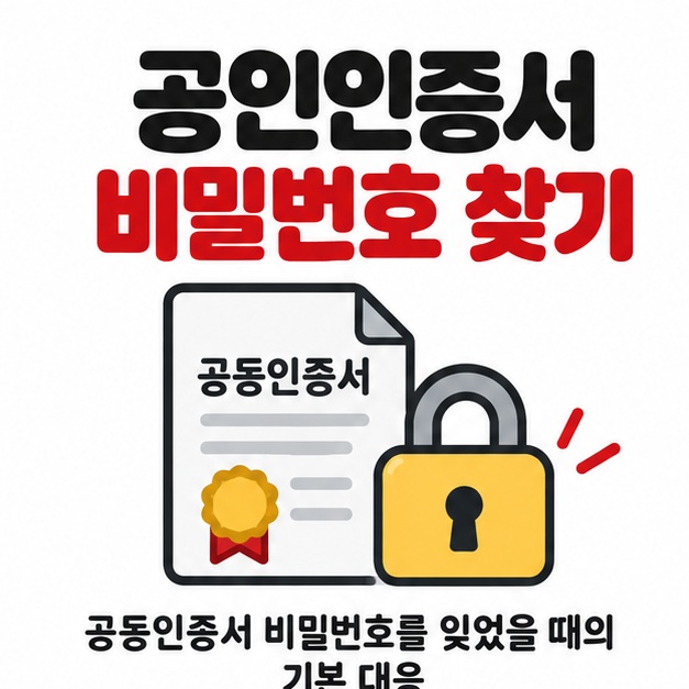 자물쇠가 있는 공동인증서 아이콘 옆에 공인인증서 비밀번호 찾기 문구를 크게 보여주는 대표 카드