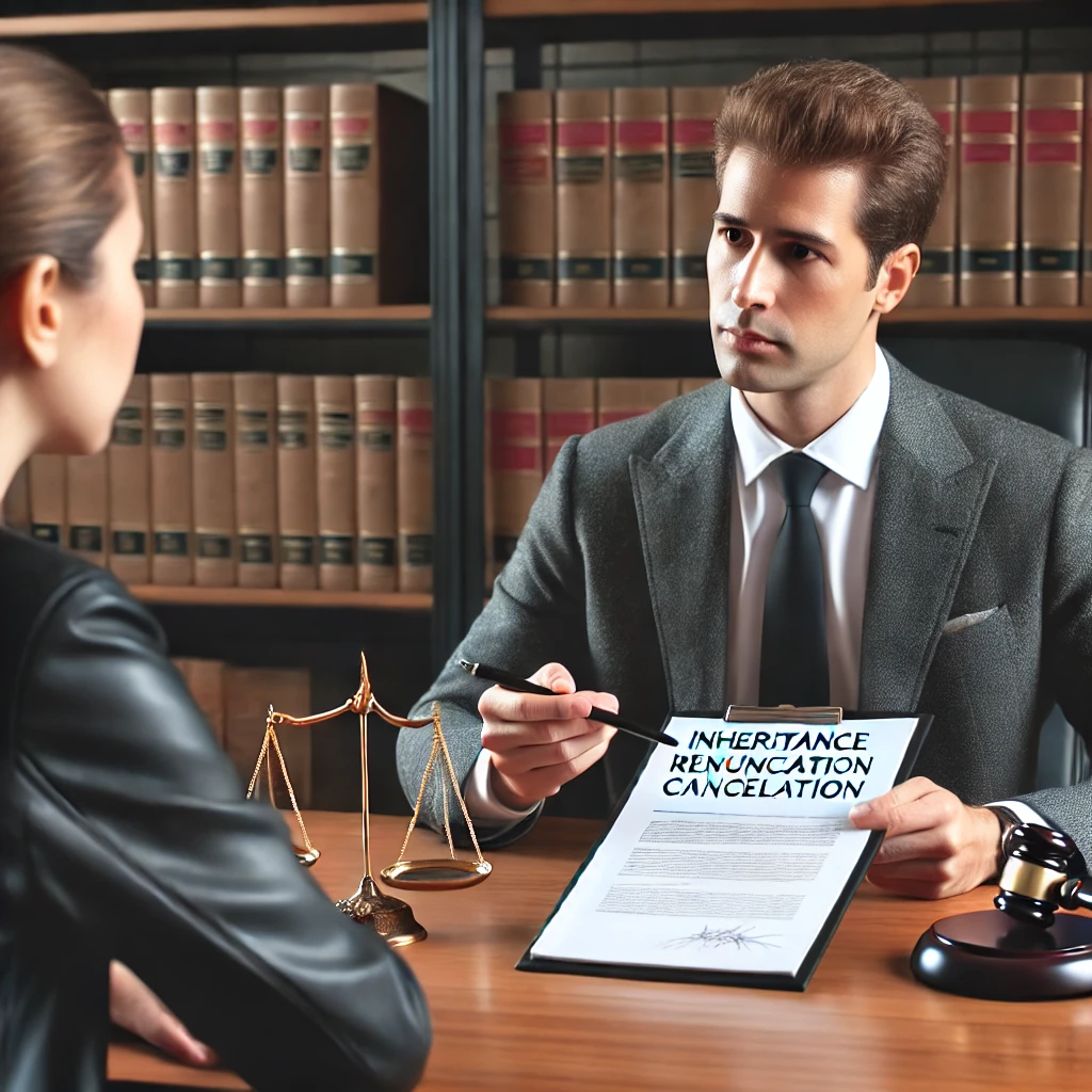 변호사와 상속인이 상속포기 취소에 대해 상담하는 장면.