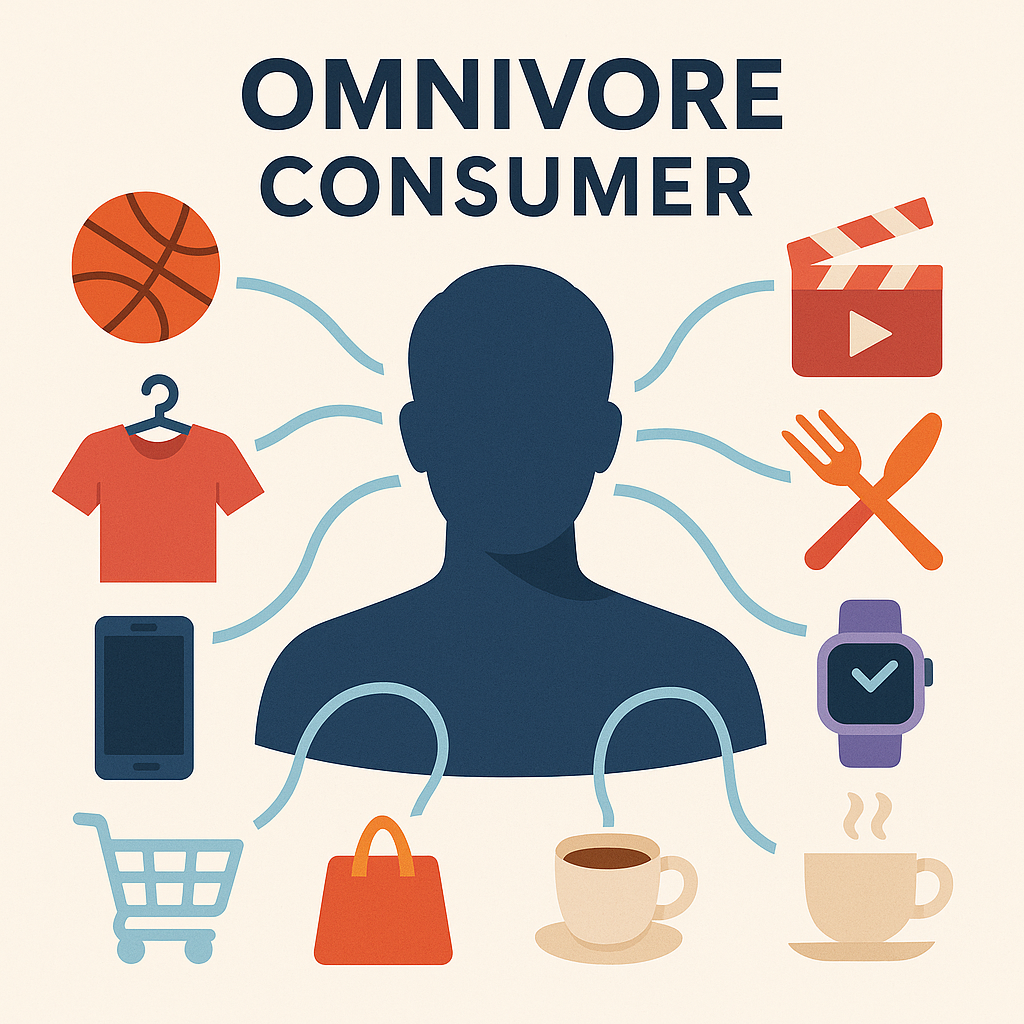 옴니보어 소비자의 다양한 관심사와 경계 없는 소비 패턴을 보여주는 개념도
