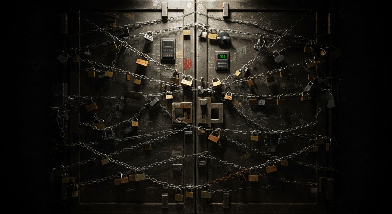 수많은 자물쇠와 안전장치로 잠긴 철문