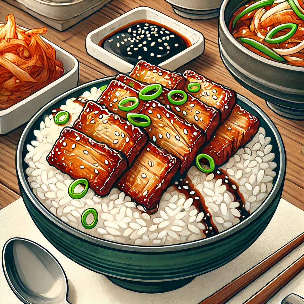 삼겹살 덮밥: 노릇하게 구운 삼겹살과 간장 소스를 곁들인 덮밥, 깨와 대파로 장식된 따뜻한 한 그릇 요리