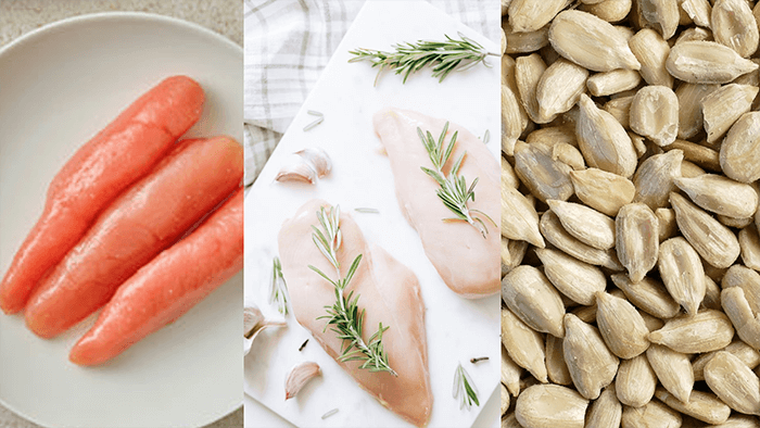 나이아신이 함유된 명란젓, 닭가슴살, 해바라기씨