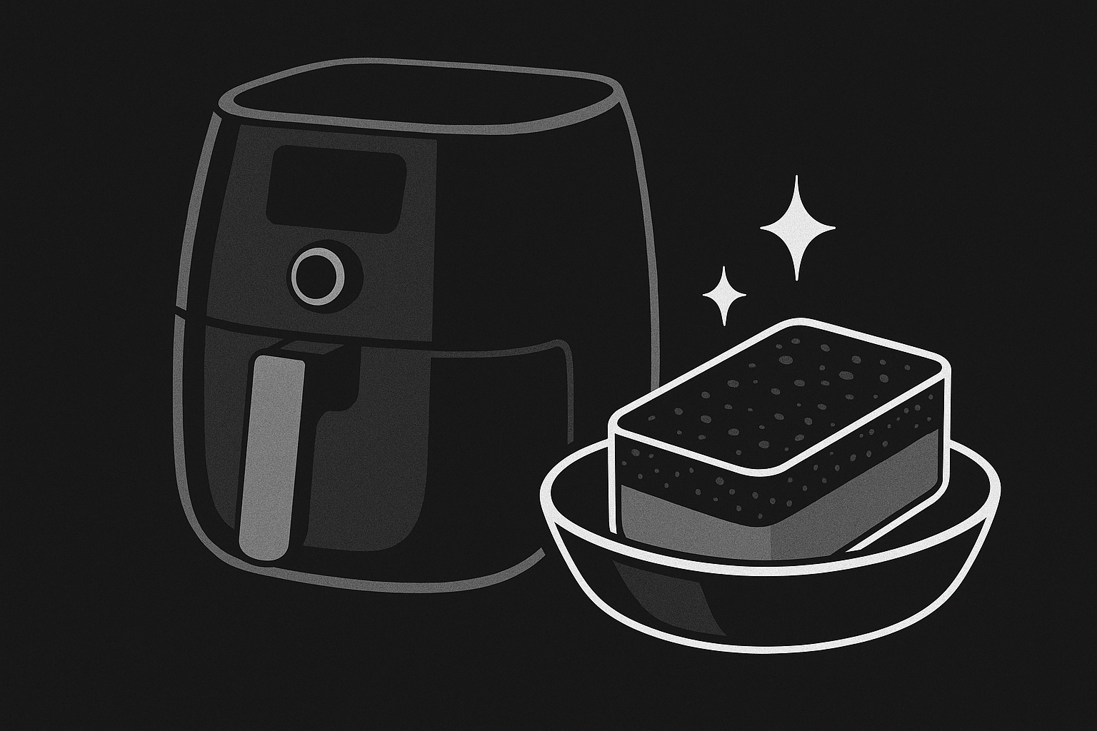 에어프라이어를 분해하여 기름때를 닦고 청소하는 장면, 주방 싱크대에서 스펀지와 브러시를 사용하는 모습, 깔끔하고 정돈된 주방 분위기의 일러스트