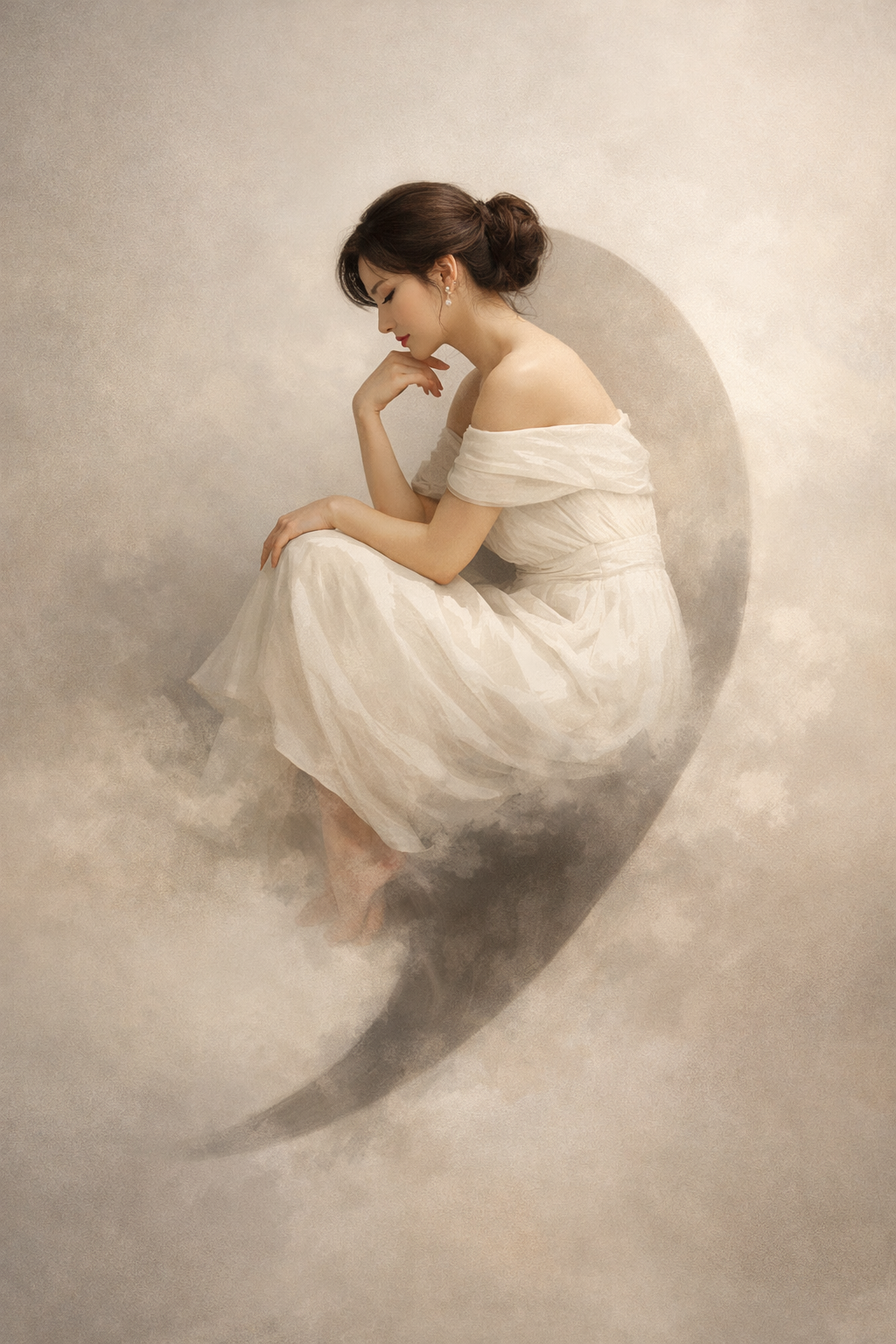 안개 속에서 쉼표 모양의 곡선 위에 앉아 사색에 잠긴 쉼표의 모습