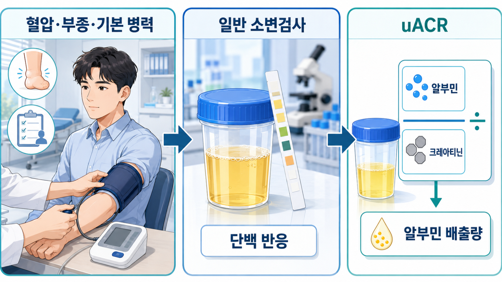 거품뇨 첫 진료에서 혈압·부종·기본 병력과 일반 소변검사, uACR 검사를 설명하는 이미지