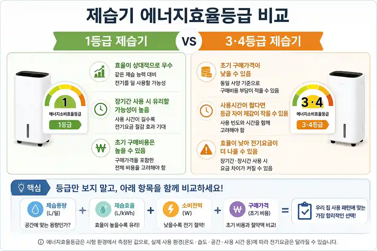 제습기 1등급과 3등급 4등급 에너지효율 및 전기세 차이 비교