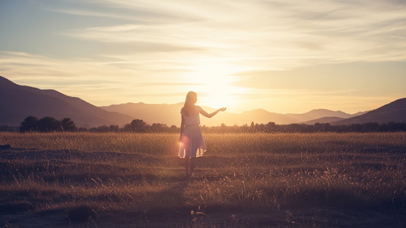평화로운 저녁 노을과 함께 영화 자막이 흐르는 감성적인 이미지
