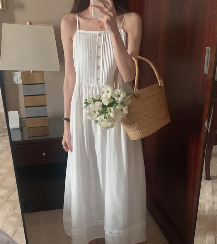 레이스 나시원피스 핀턱 화이트 뷔스티에 슬립 끈나시 롱원피스