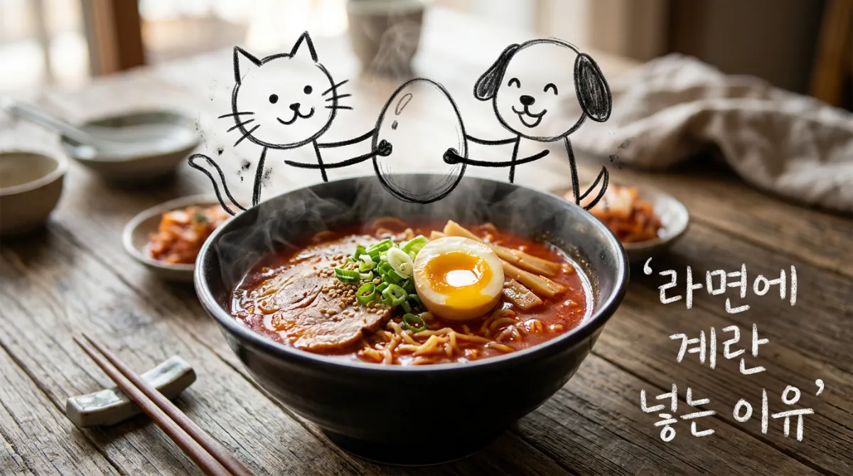라면 그릇 위에 계란을 들고 있는 귀여운 캐릭터와 '라면에 계란 넣는 이유' 텍스트가 표시된 이미지
