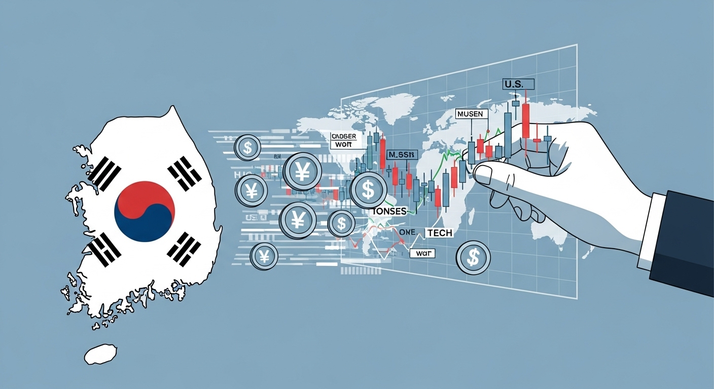 해외 주식 투자로 인한 대규모 자본 유출을 상징하는 이미지. 한국에서 미국 등 글로벌 주식 시장으로 돈이 흘러나가는 모습.