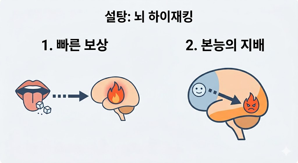 '설탕: 뇌 하이재킹'이라는 제목 아래, 설탕이 뇌를 지배하는 두 단계를 설명합니다. 1단계 '빠른 보상'에서는 혀에서 뇌로 자극이 전달되는 과정을, 2단계 '본능의 지배'에서는 뇌의 이성 부분이 본능 부분의 화난 자극에 의해 무력화되는 모습을 보여줍니다.
