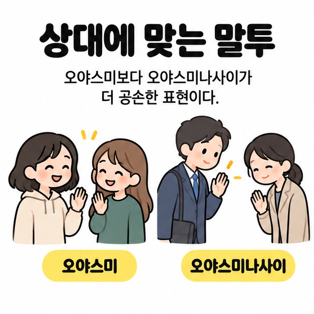 상대에 맞는 말투라는 문구 아래 편하게 인사하는 친구들의 오야스미와 예의를 갖춰 인사하는 성인들의 오야스미나사이를 비교한 그림