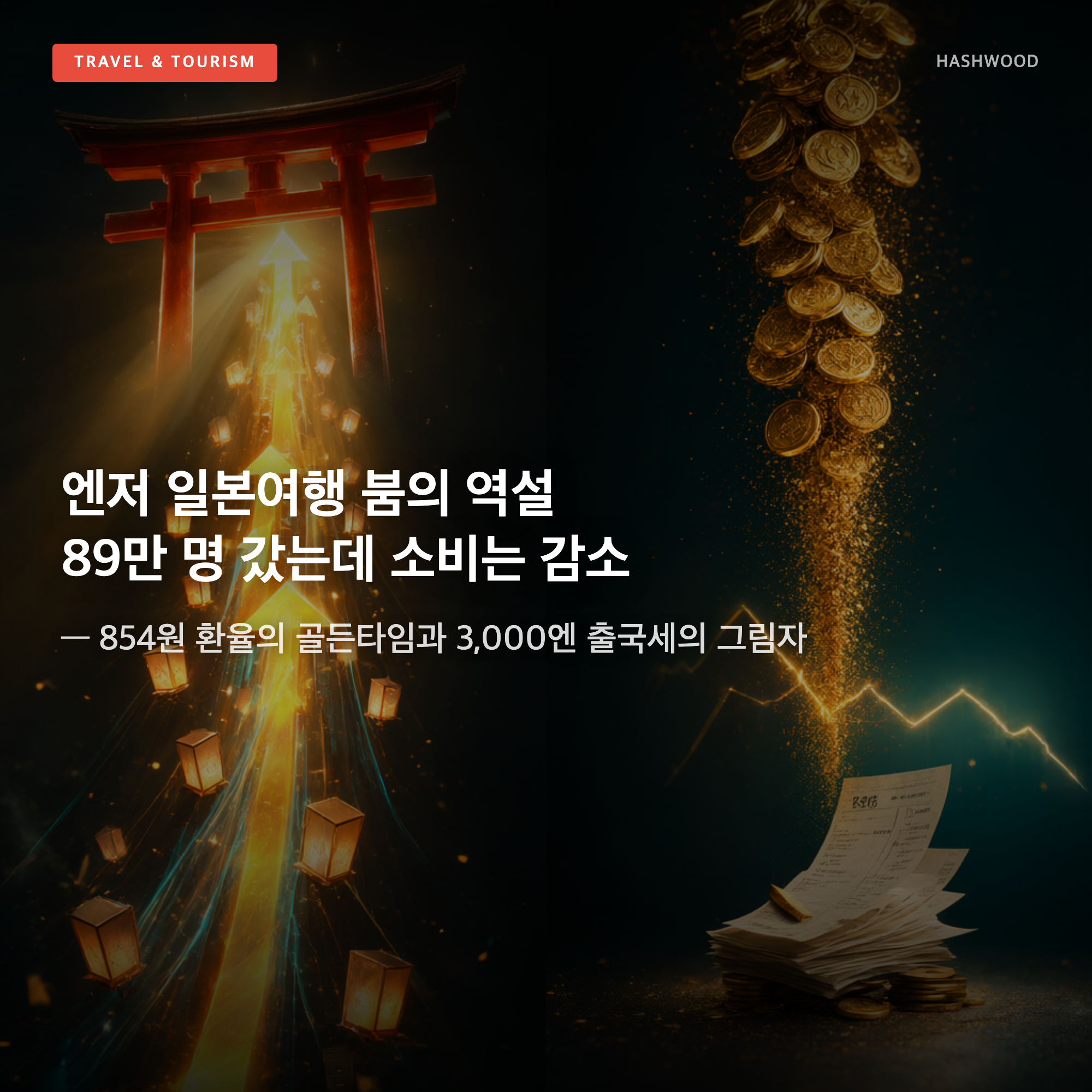 그림: 엔저 일본여행 붐의 역설 89만 명 갔는데 소비는 감소 — — 854원 환율의 골든타임과 3,000엔 출국세의 그림자