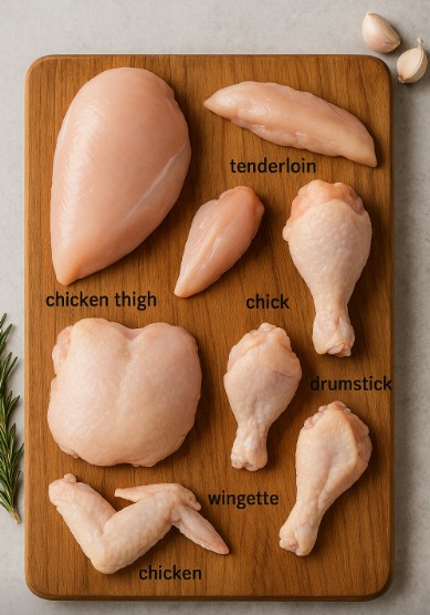 닭고기 부위별 정리된 생고기 사진