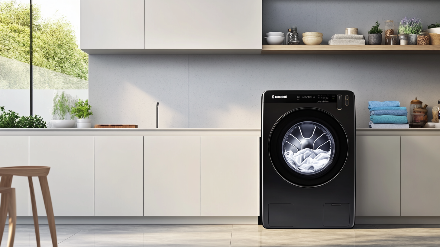 세련된 주방에 배치된 삼성 비스포크 AI 세탁기 세트, 직관적인 올인원 컨트롤 패널이 돋보이며 우아한 디자인으로 현대적인 주방에 조화를 이루고 있습니다.