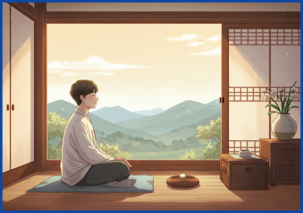 한국식 공간에서 명상하며 평온을 찾는 한국인. 스트레스 관리와 면역력 강화의 중요성을 상징적으로 나타냅니다.