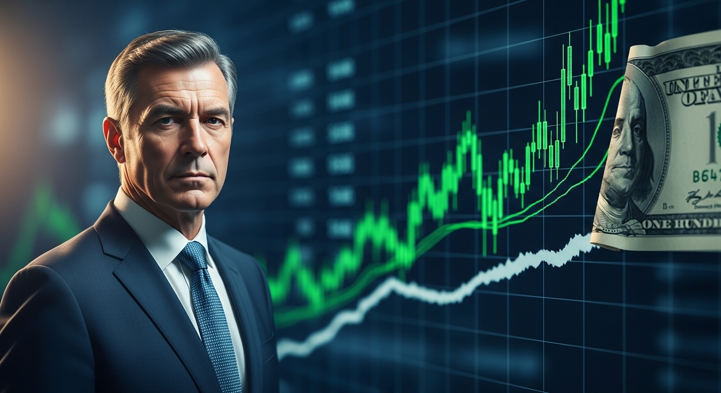 연준 의장이 고민하는 모습과 급등하는 주식 차트, 그리고 찢겨진 지폐 배경