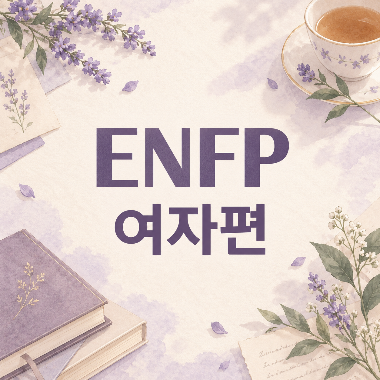 책과 찻잔, 라벤더 꽃을 배경으로 ENFP 여자편 문구를 담은 대표 이미지