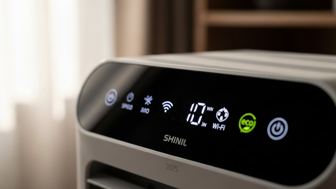 Wi-Fi 연결 및 에코 모드 아이콘과 같은 스마트 기능을 보여주는 세련된 디지털 디스플레이를 갖춘 현대 신일 팬 히터(2025년형)의 예술적이고 클로즈업된 사진입니다.