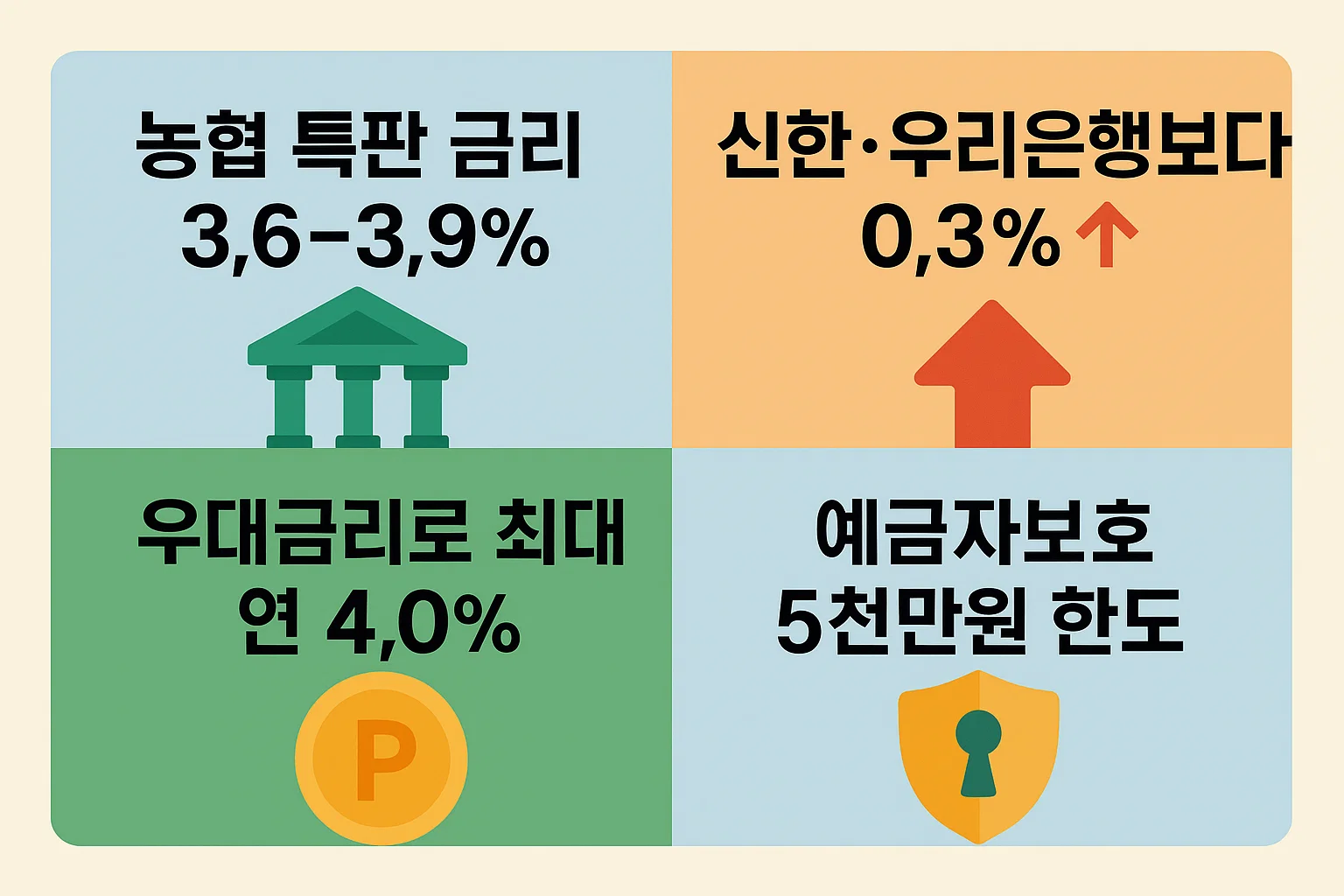 농협 특판 금리 3.6~3.9%, 신한&middot;우리은행 대비 0.3% 높은 금리, 우대금리 연 4.0%, 예금자보호 한도 5천만원 등 핵심 정보를 정리한 2025년 기준 인포그래픽