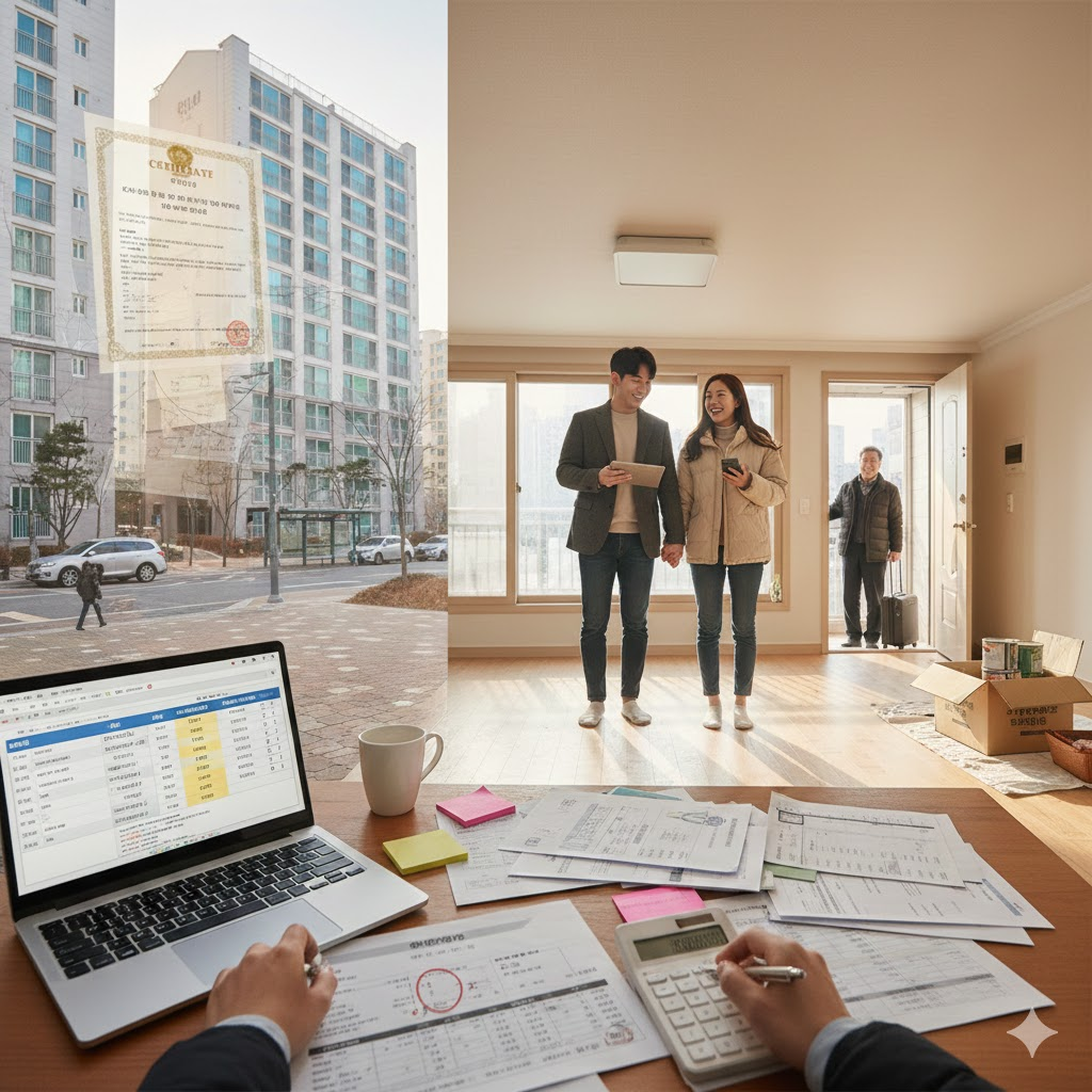 신혼집을 부동산 경매로 알아보고 있는 신혼부부의 모습