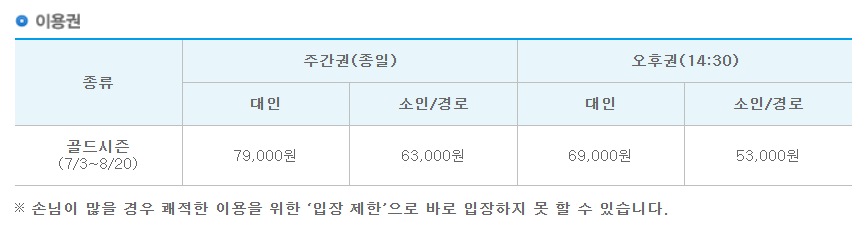 캐리비안베이 공식사이트에서 안내하고 있는 골드시즌 종일이용권이용 가격표에요.