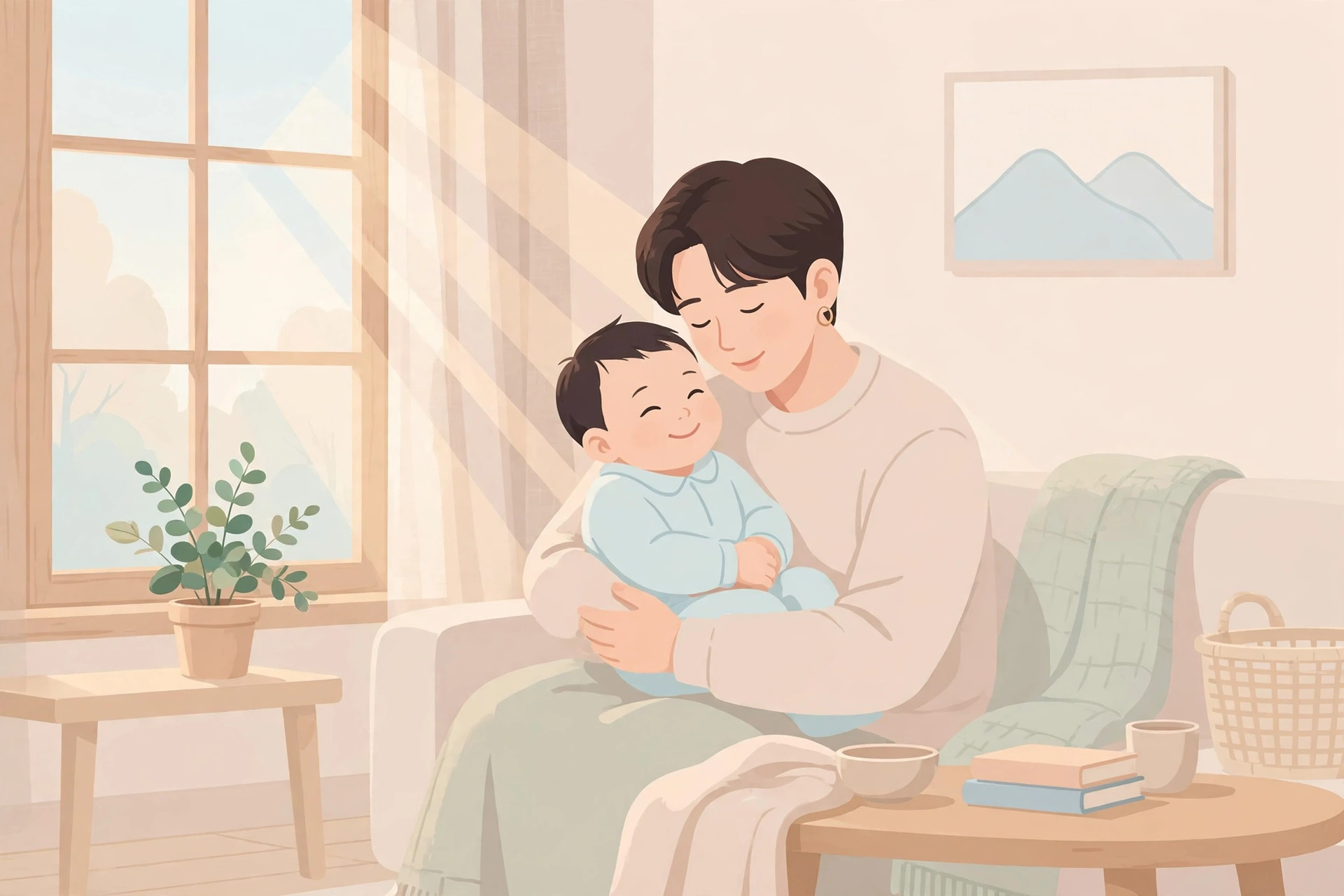 육아휴직 중 아기를 안고 있는 부모 일러스트
