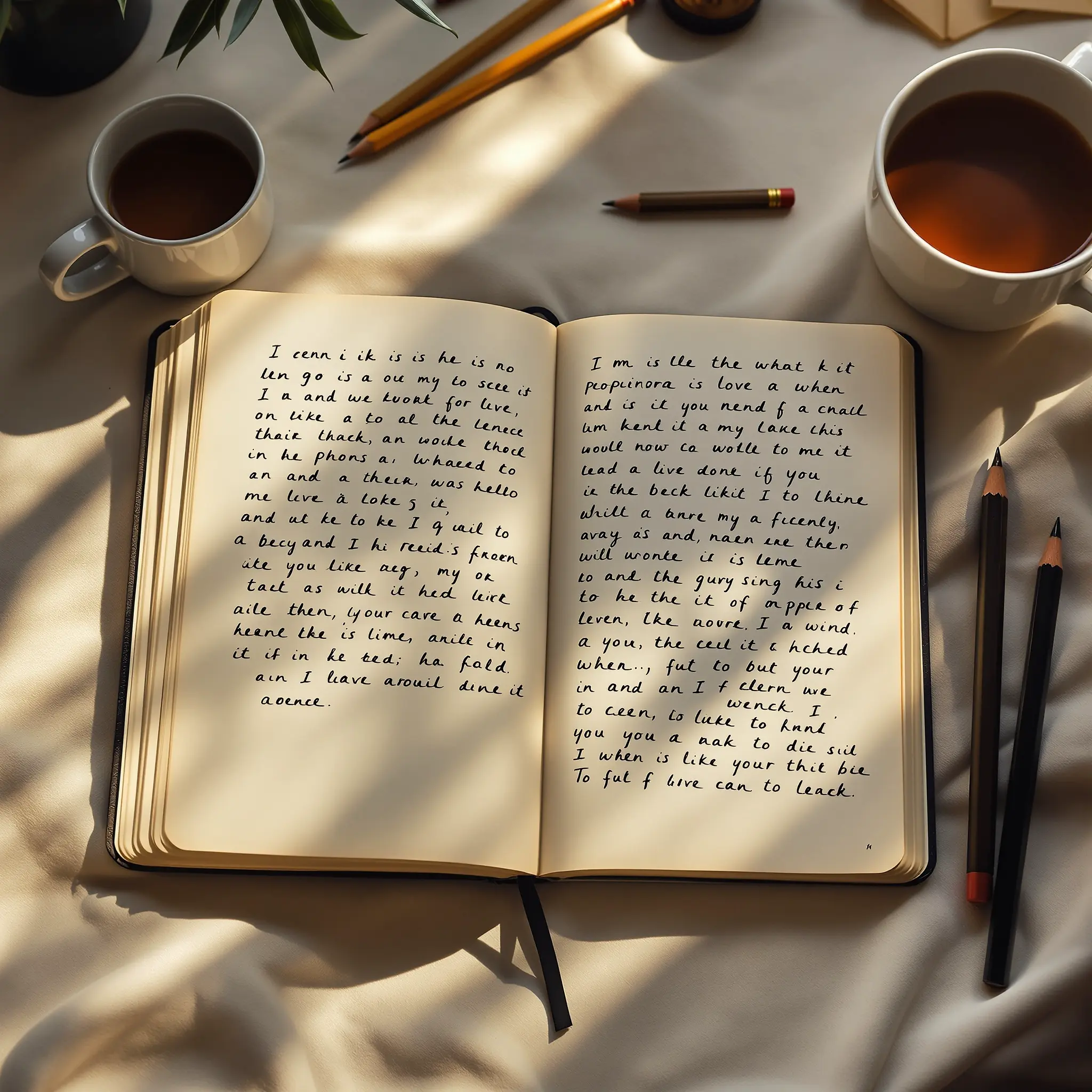 작사가가 따뜻한 조명 아래에서 가사를 적는 작업공간 모습