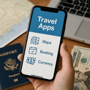 한 손에 들고 있는 스마트폰 화면에 여행 어플이 있고, 주변에는 여권, 지도, 돈, 노트북이 보인다