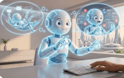 OpenClaw (오픈클로, 구 클로드봇) : OpenClaw가 모든 일을 알아서 해주는 환상과 실제로는 복잡한 설정과 오류 해결이 필요한 현실의 차이를 보여주는 로봇의 생각 풍선 이미지.