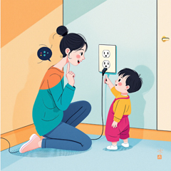 어머니와 아이가 함께 전기 플러그를 빼는 모습, 전기요금 감면 대상 가구를 표현한 장면