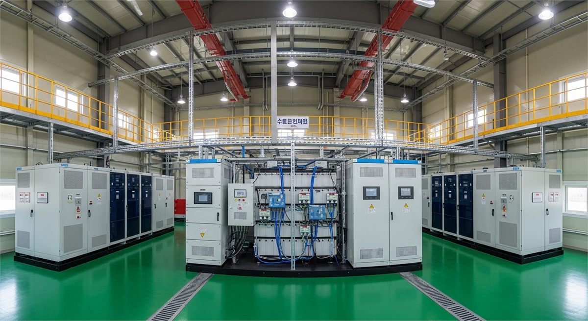 다수의 배터리 캐비닛이 설치된 ESS 설비 공간 