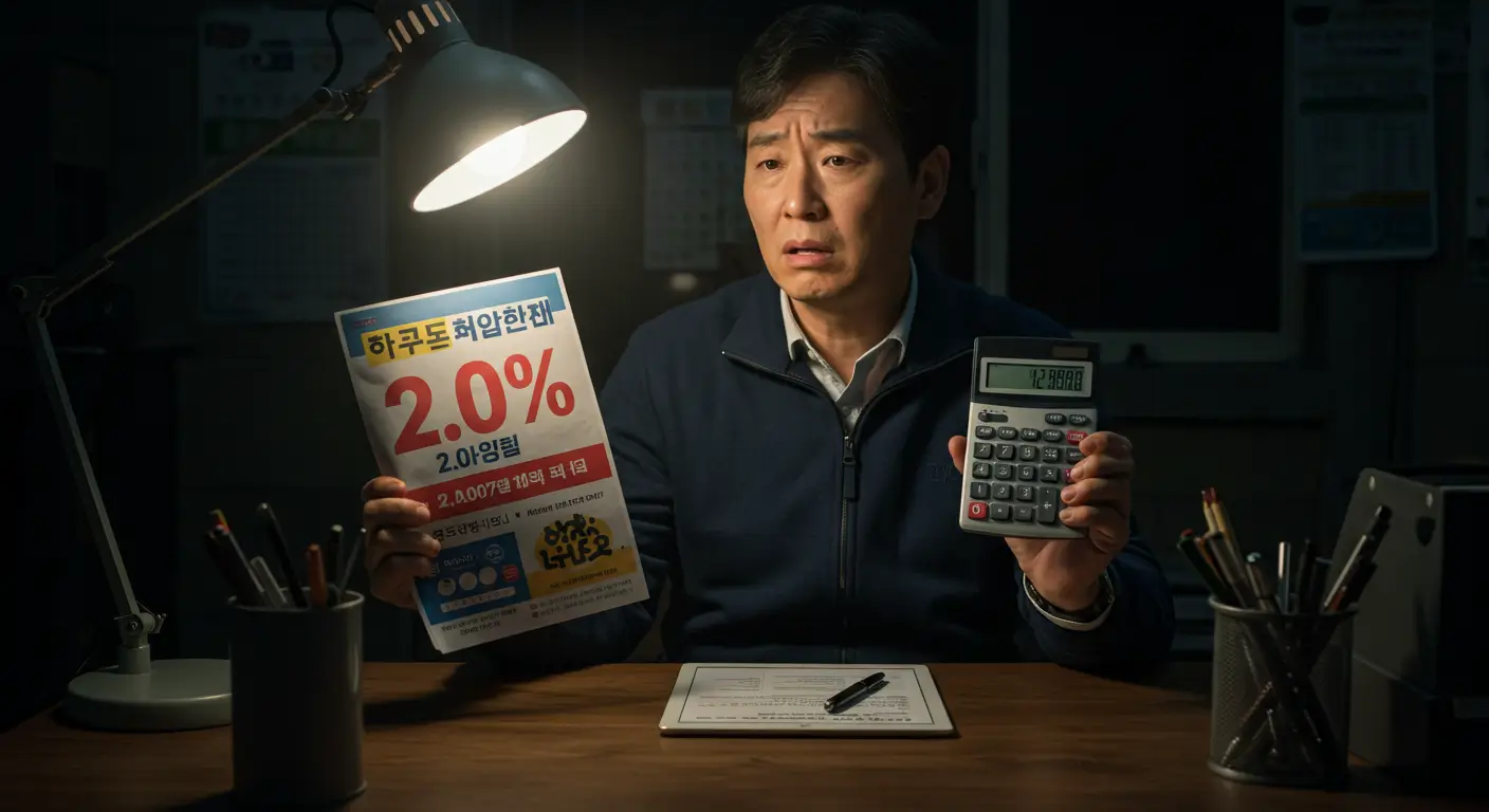 한 소상공인 사장님이 정책자금 광고의 낮은 금리와, 자신의 실제 금리가 다르게 계산되어 혼란스러워하는 모습