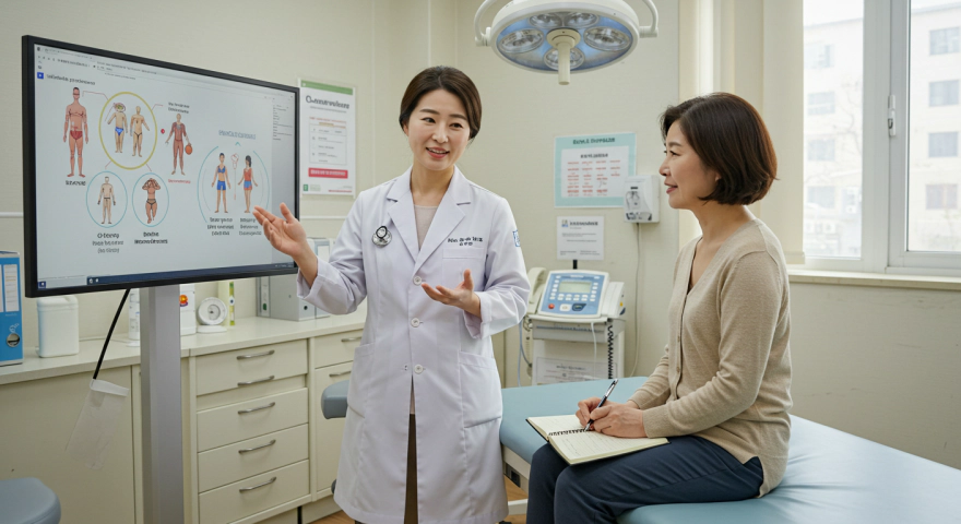 대사증후군 예방을 설명하는 의사와 한국인 환자