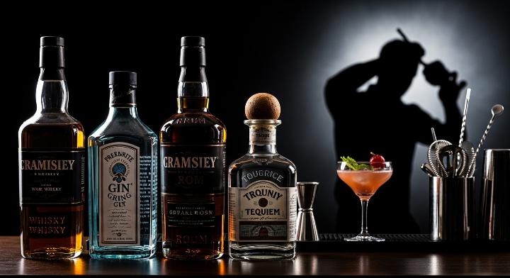 위스키, 꼬냑 등 다양한 술들을 진열해 놓은 이미지입니다.