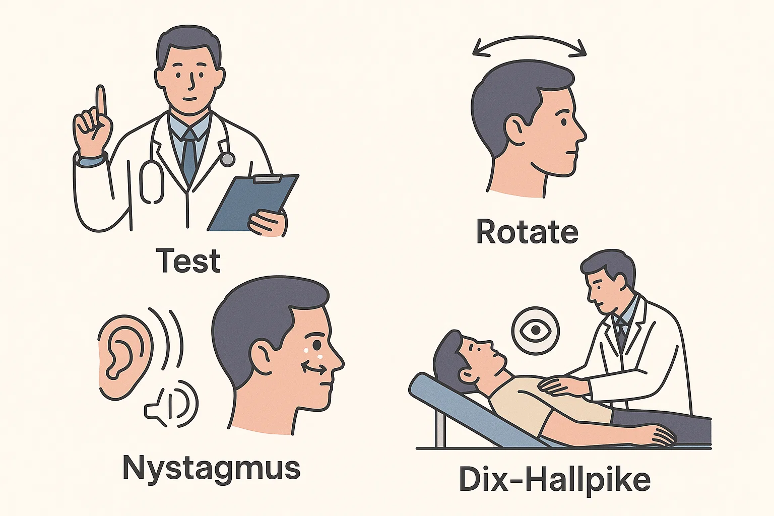 이석증 진단을 위한 Dix-Hallpike 테스트와 안진 관찰을 설명한 시각 자료