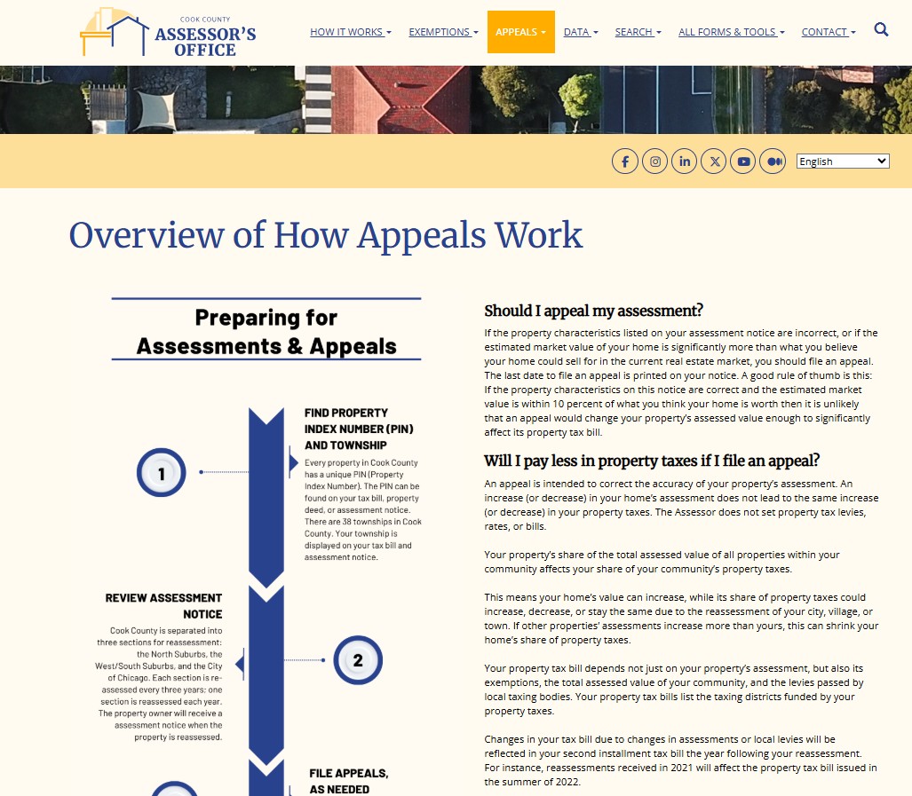 https://www.cookcountyassessor.com/appeals 쿡 카운티 재산세 이의 신청 안내 페이지
