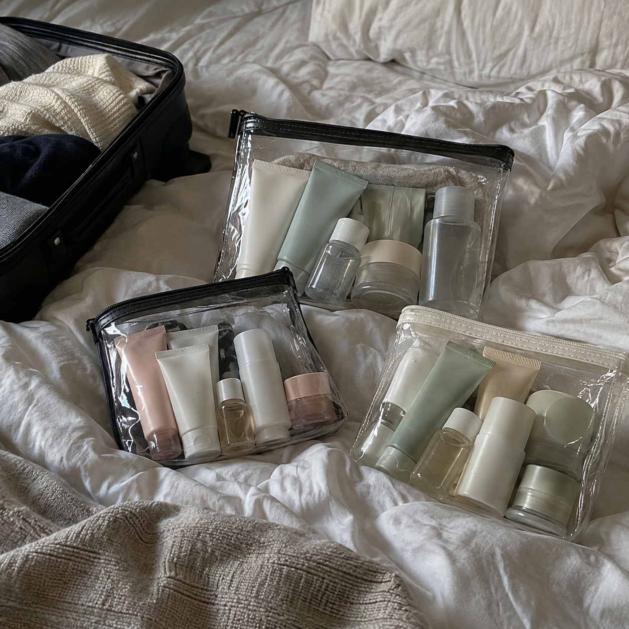 how to pack skincare in checked luggage, skincare tubes and small bottles sorted into clear zip bags on a hotel bed, no logos or labels