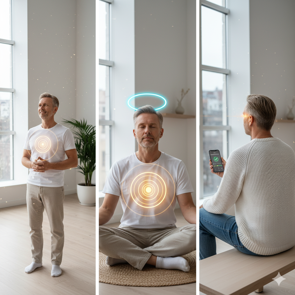 깔끔하게 정돈된 미니멀한 방 안에서 여백의 미학을 느끼는 사람의 모습, 미니멀라이프루틴과 가치찾기를 상징 (이미지 생성:google)