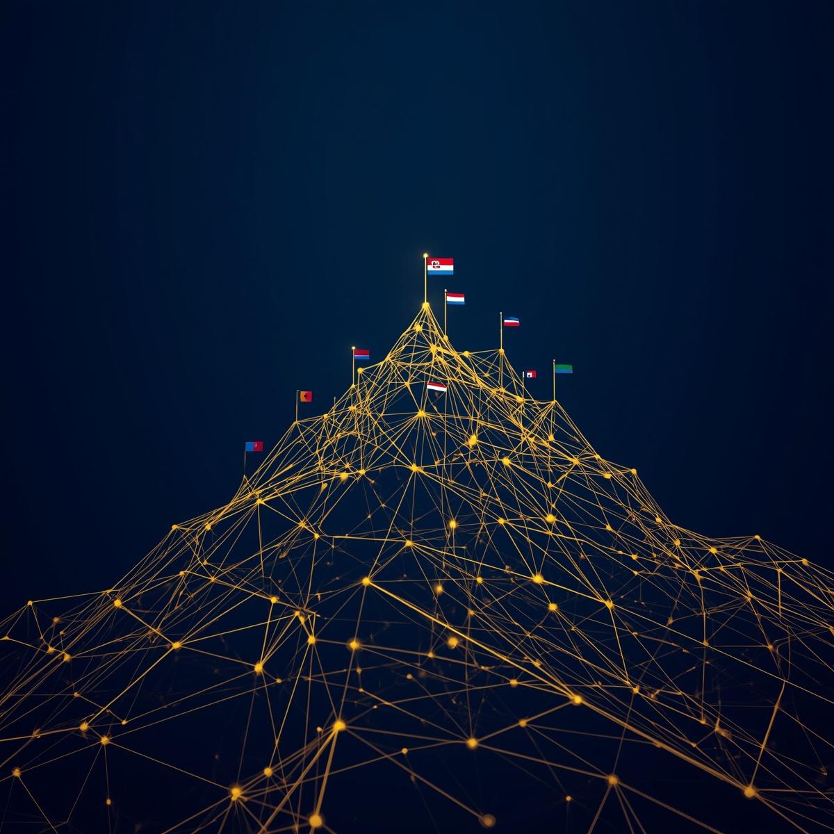 검은 색 바탕에 뢍금색으로 블록체인 네트웤을 그렸어, 글로벌 국가들이 블록체인 네트워크로 연결되어 디지털 자산 주권을 확보하는 상징적인 이미지