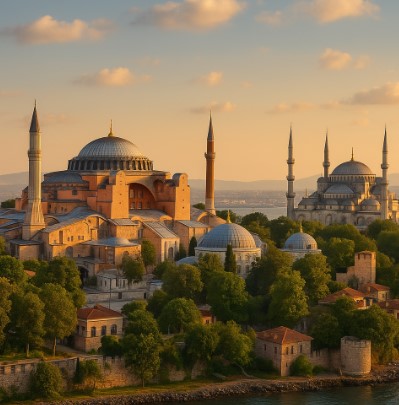 아야소피아와 블루 모스크가 보스포루스 해협과 함께 해질녘 황금빛 하늘 아래 우뚝 선 장면