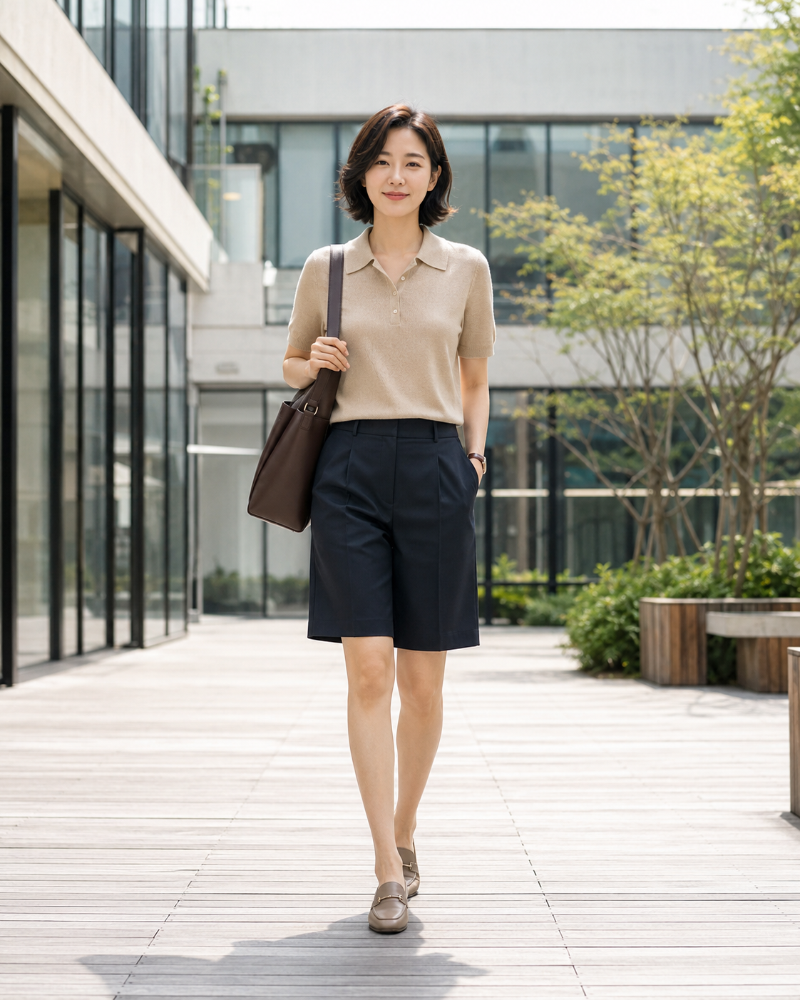 단정한 출근룩에서 옷의 길이와 실루엣이 신체 비율에 미치는 포인트를 보여주는 이미지입니다.