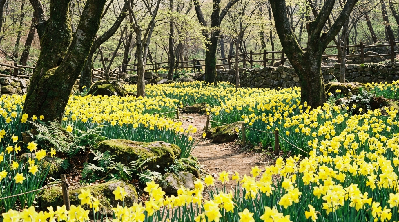 화담숲 산책로를 가득 채운 노란 수선화 꽃밭의 초근접 촬영 이미지