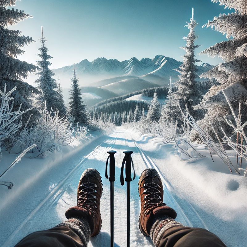 A first-person perspective of winter trekking through a snowy mountain trail, 겨울 트레킹 1인칭