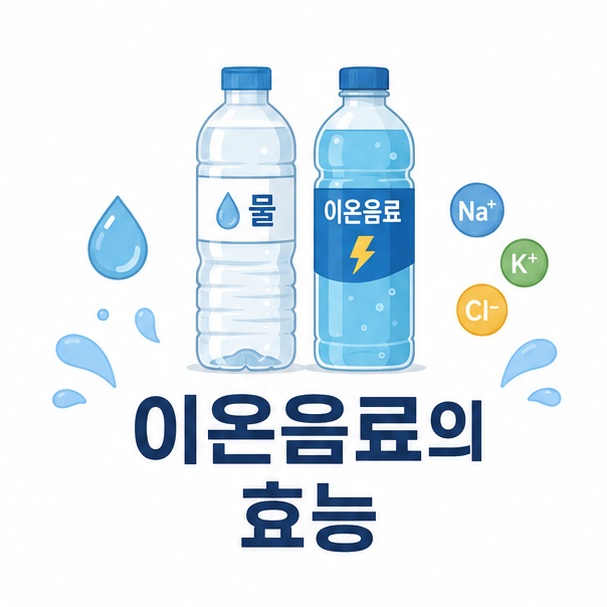 물병과 이온음료, 전해질 아이콘을 중앙에 배치해 이온음료의 효능을 나타낸 대표 이미지